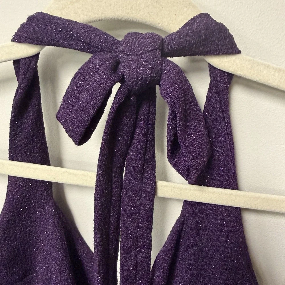 Jacaranda Purple Sparkle Large Mini Halter Bodycon Ruched Cocktail Club Dress - Picture 5 of 9